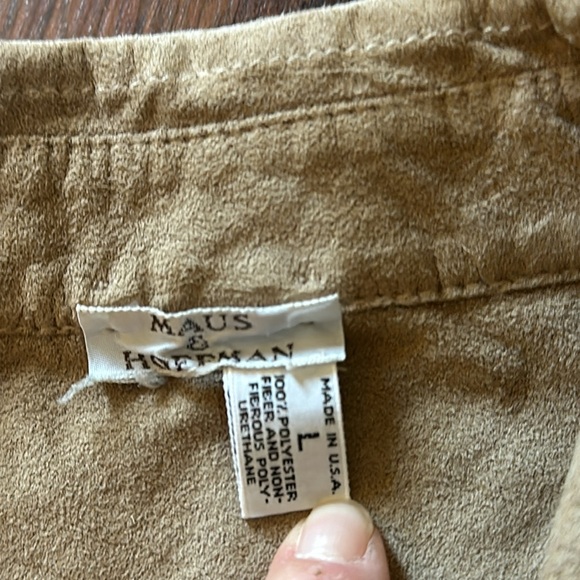 VTG Maus & Hoffman Tan Faux Suede Leather Safari Button Down Mens Shirt Size L - Picture 6 of 11